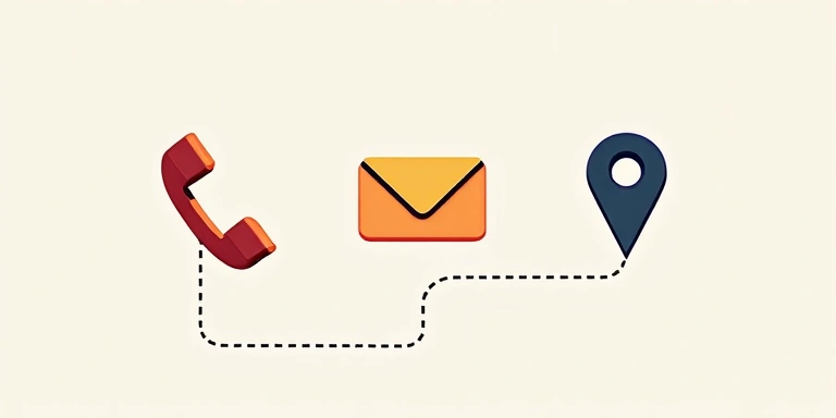 Stylized contact icons for phone, email, and location
