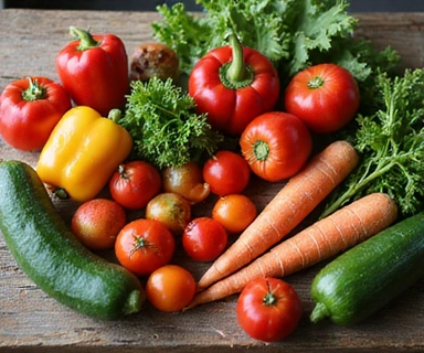 A variety of colorful organic vegetables on a wooden table
