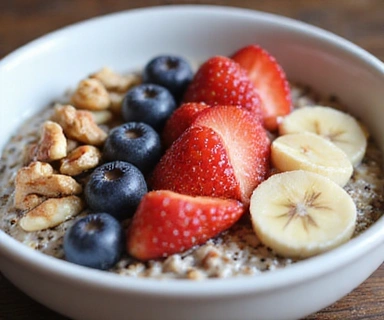 A vibrant bowl of oats with fruits and nuts