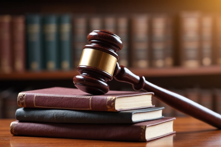 Gavel and law books on a wooden desk, representing legal authority and jurisprudence.